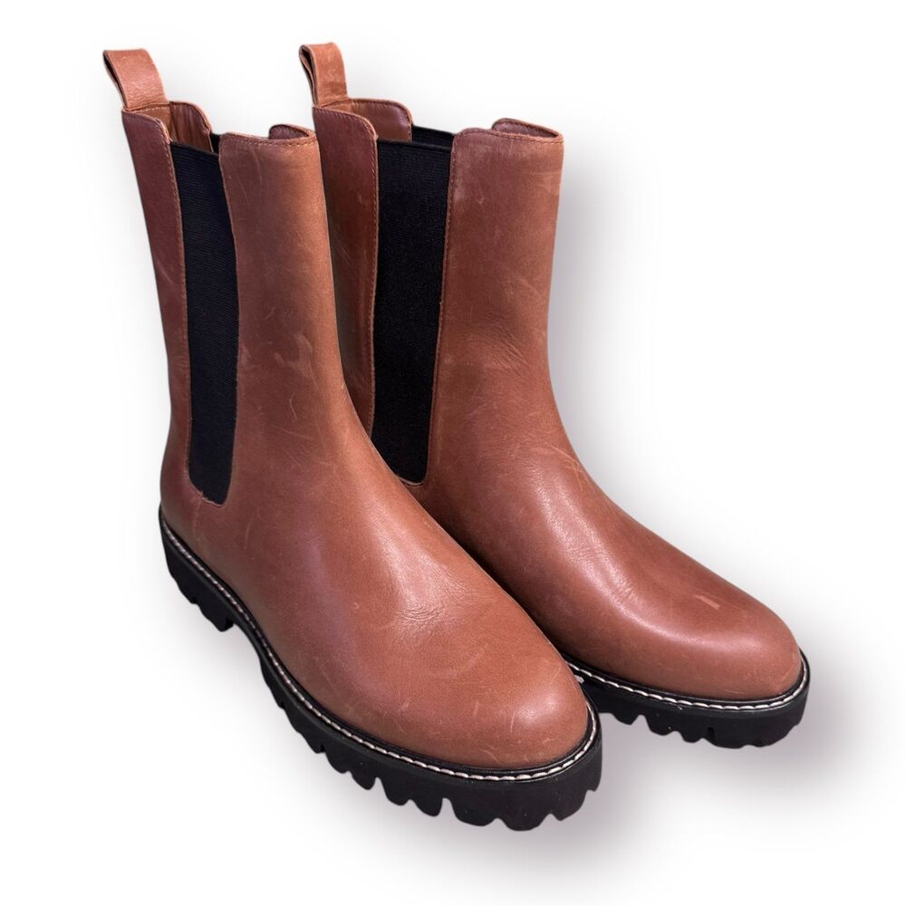 J. Crew Gwen Lug Sole Chelsea Boot Size 9.5 Brown Leather Mid Calf Chunky‎
